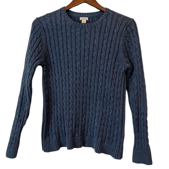 LL Bean Navy Cable Knit Pillow 100% Cotton Crew Neck Pullover Sweater Size large - Picture 1 of 6
